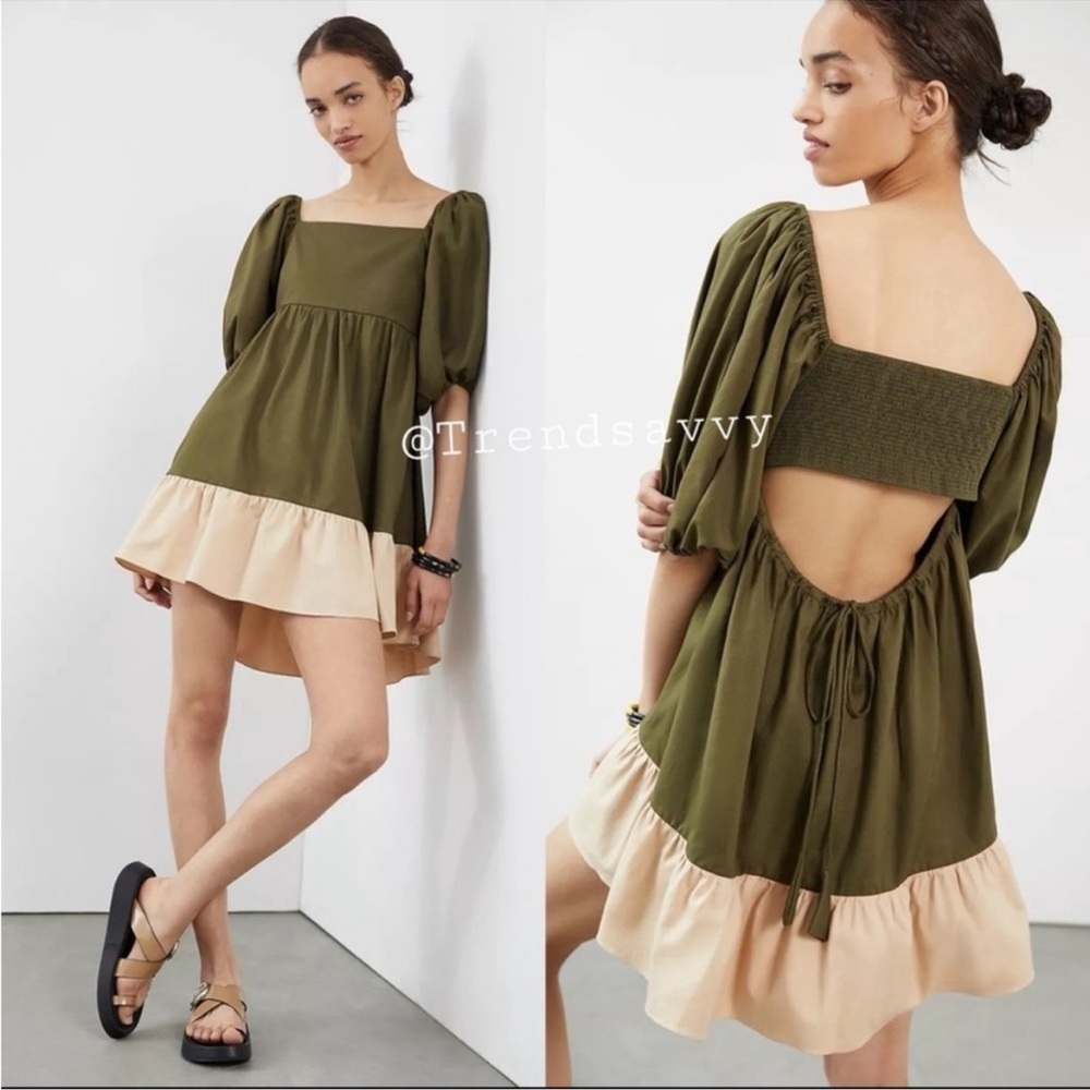 Anthropologie Sachin & Babi Moss Green Cutout Mini Dress Puff Sleeve Size M